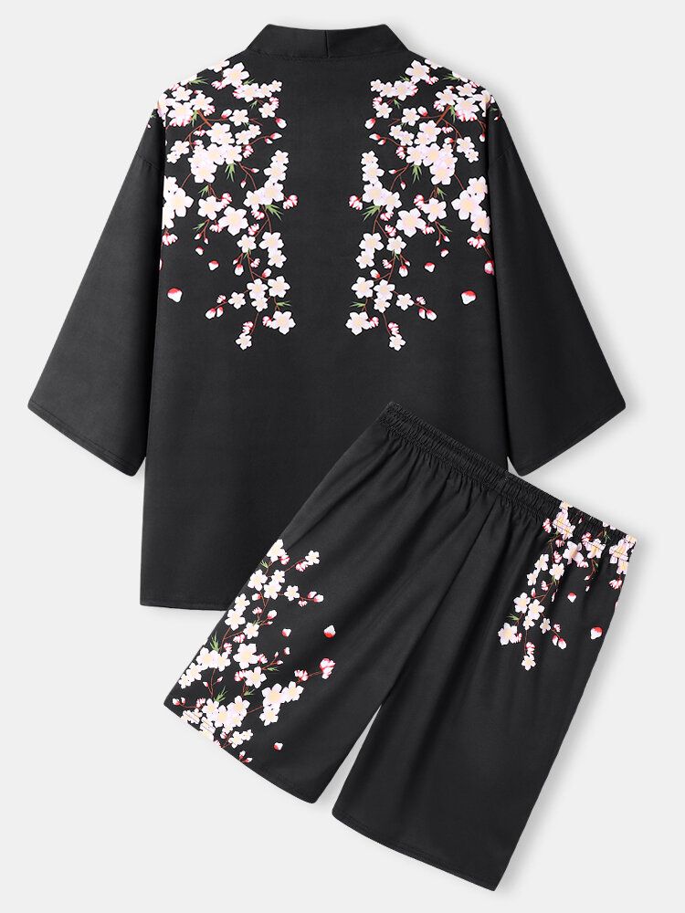 Blommigt Tryck För Män Med Öppen Front Kimono Lösa Tvådelade Outfits