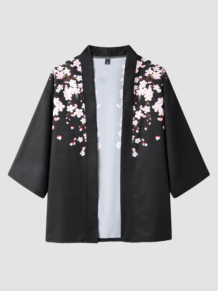 Blommigt Tryck För Män Med Öppen Front Kimono Lösa Tvådelade Outfits