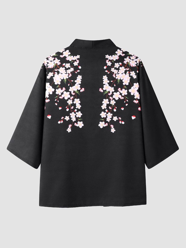 Blommigt Tryck För Män Med Öppen Front Kimono Lösa Tvådelade Outfits