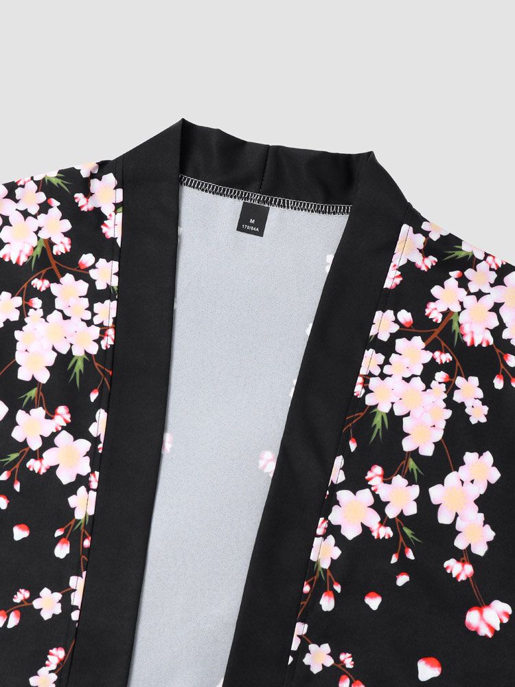 Blommigt Tryck För Män Med Öppen Front Kimono Lösa Tvådelade Outfits