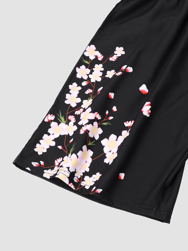 Blommigt Tryck För Män Med Öppen Front Kimono Lösa Tvådelade Outfits