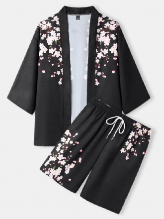 Blommigt Tryck För Män Med Öppen Front Kimono Lösa Tvådelade Outfits