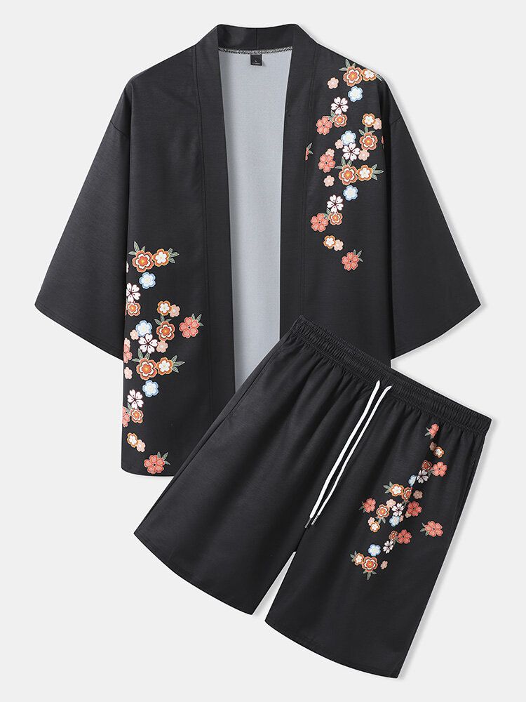 Blommigt Tryck För Män Med Öppen Front Kimono Two Pieces Outfits