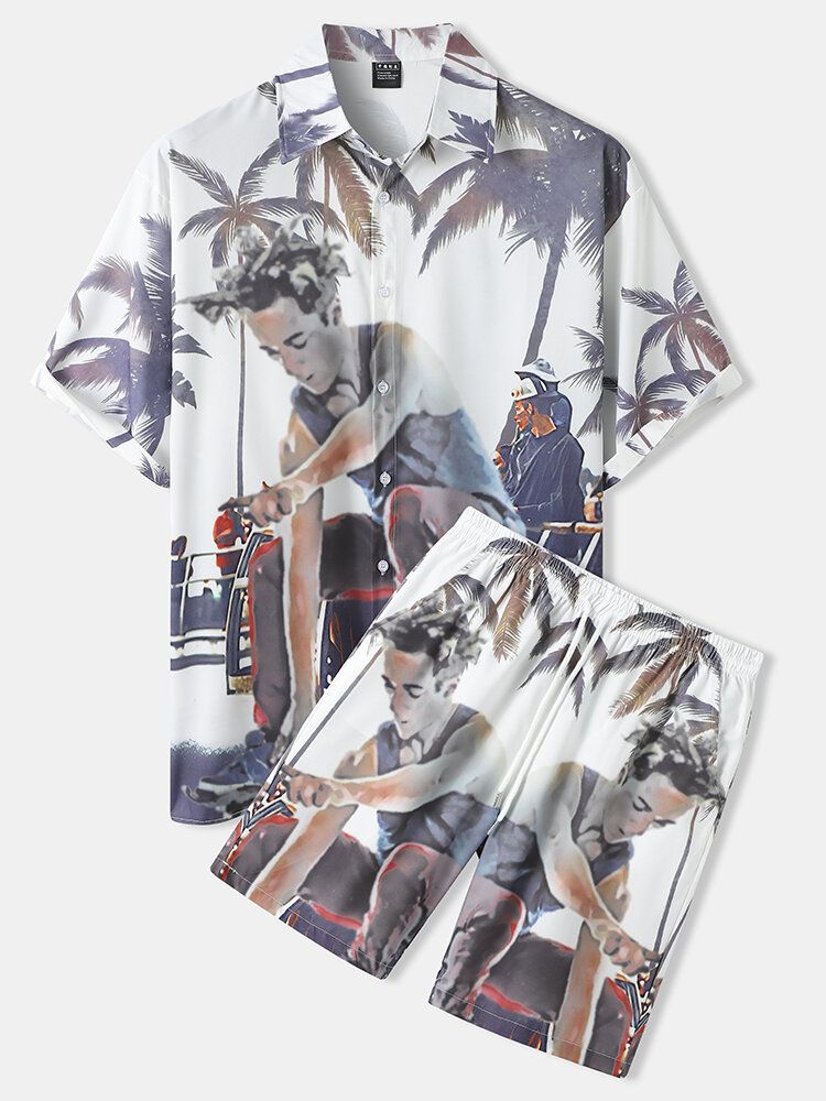 Coconut Tree Figur Print Button Up Semesterdräkter I Två Delar