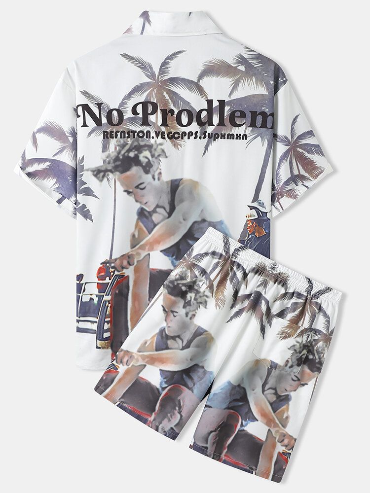 Coconut Tree Figur Print Button Up Semesterdräkter I Två Delar