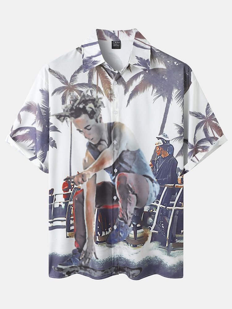 Coconut Tree Figur Print Button Up Semesterdräkter I Två Delar