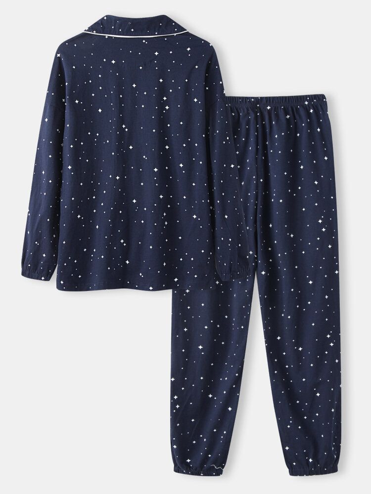 Dam Allover Starry Sky Figurtryck Revere Collar Pyjamasset I Bomullsmanschetter