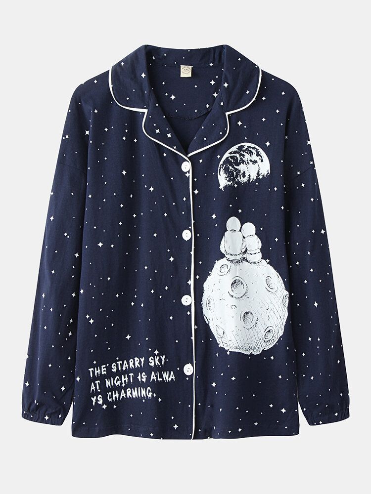 Dam Allover Starry Sky Figurtryck Revere Collar Pyjamasset I Bomullsmanschetter