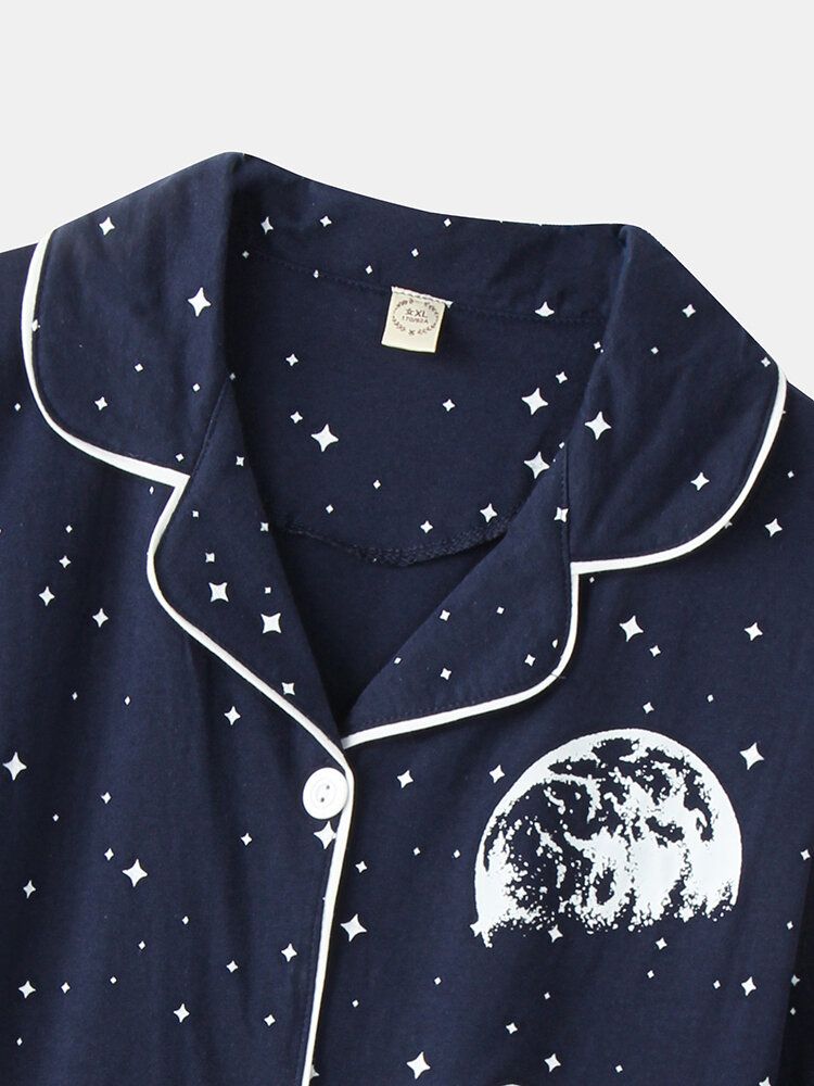 Dam Allover Starry Sky Figurtryck Revere Collar Pyjamasset I Bomullsmanschetter