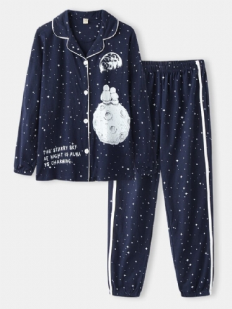 Dam Allover Starry Sky Figurtryck Revere Collar Pyjamasset I Bomullsmanschetter