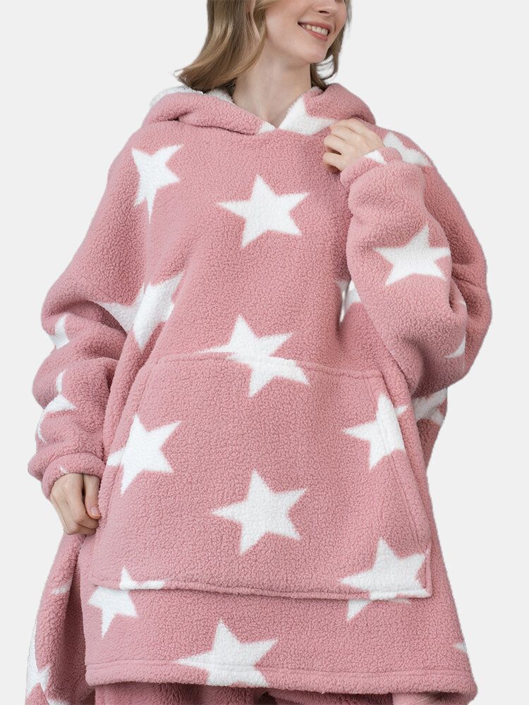 Dam Allover Stars Tjocka Varm Fleece Lös Hemfilt Hoodie Med Känguruficka