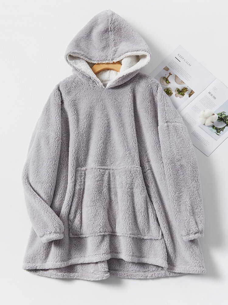 Dam Enfärgad Fleece Fodrad Tjock Lös Varm Hem Filt Hoodie