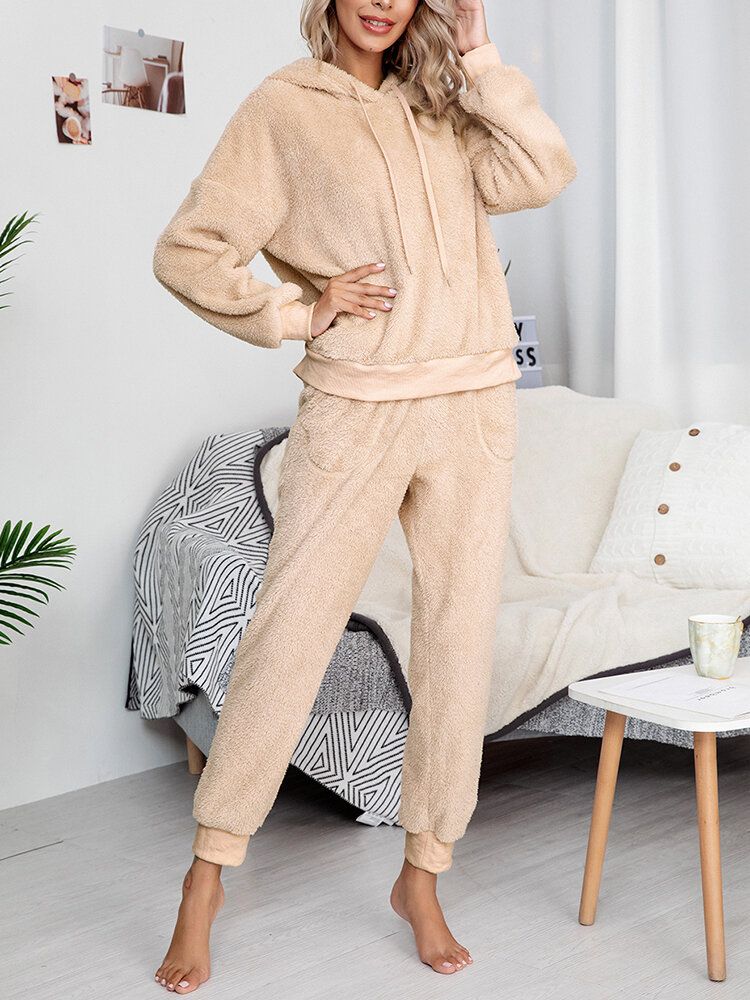 Dam Enfärgad Fleece Pullover Hoodie Joggerbyxor Tvådelad Hem Fuzzy Pyjamas Set