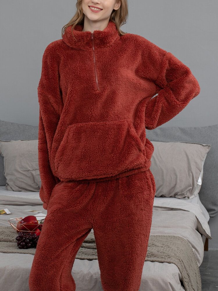 Dam Enfärgad Plysch Fluffig Kangaroo Pocket Pullover Joggerbyxor Hem Pyjamas Set