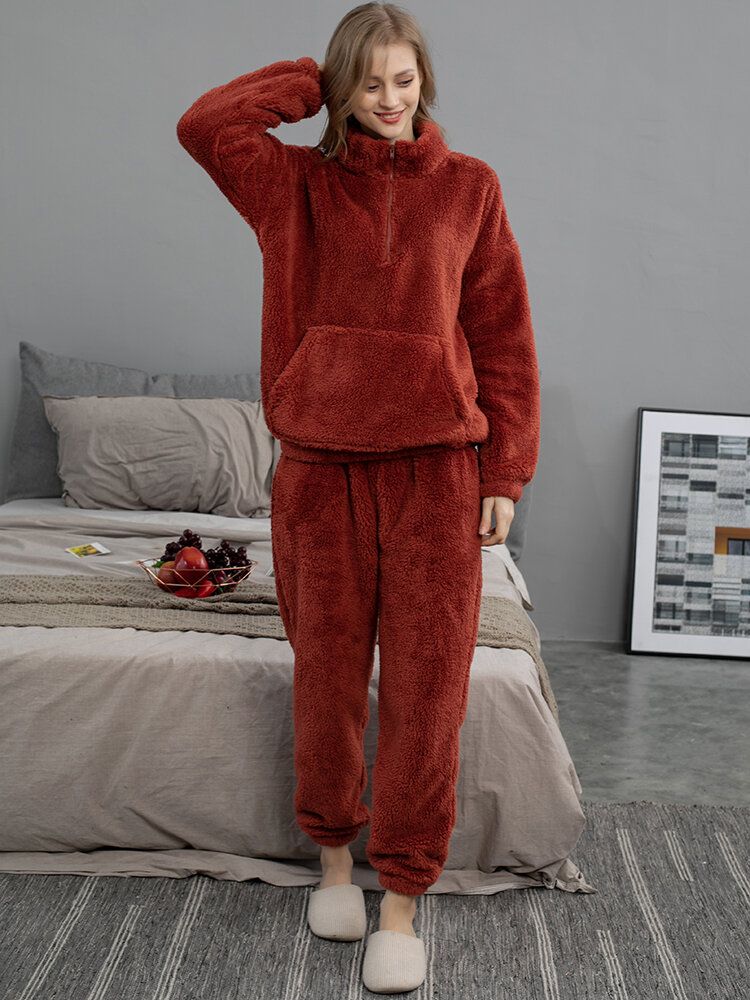 Dam Enfärgad Plysch Fluffig Kangaroo Pocket Pullover Joggerbyxor Hem Pyjamas Set