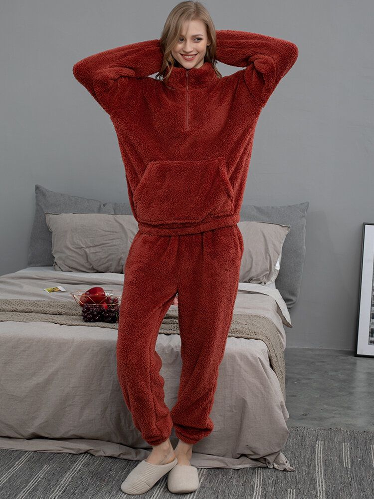 Dam Enfärgad Plysch Fluffig Kangaroo Pocket Pullover Joggerbyxor Hem Pyjamas Set