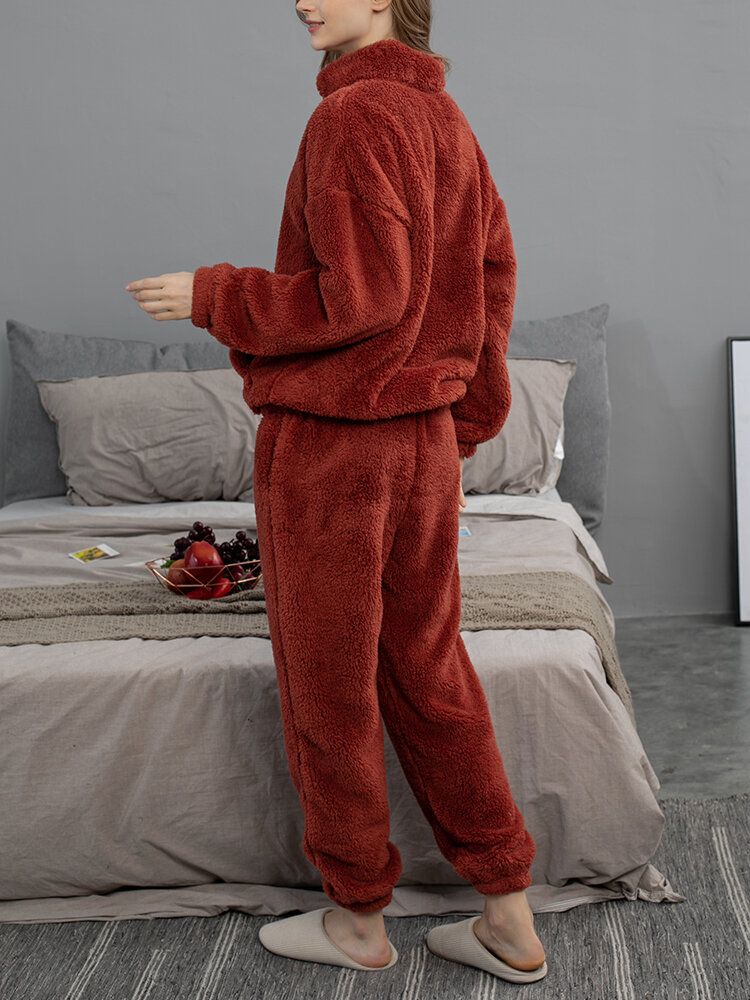 Dam Enfärgad Plysch Fluffig Kangaroo Pocket Pullover Joggerbyxor Hem Pyjamas Set