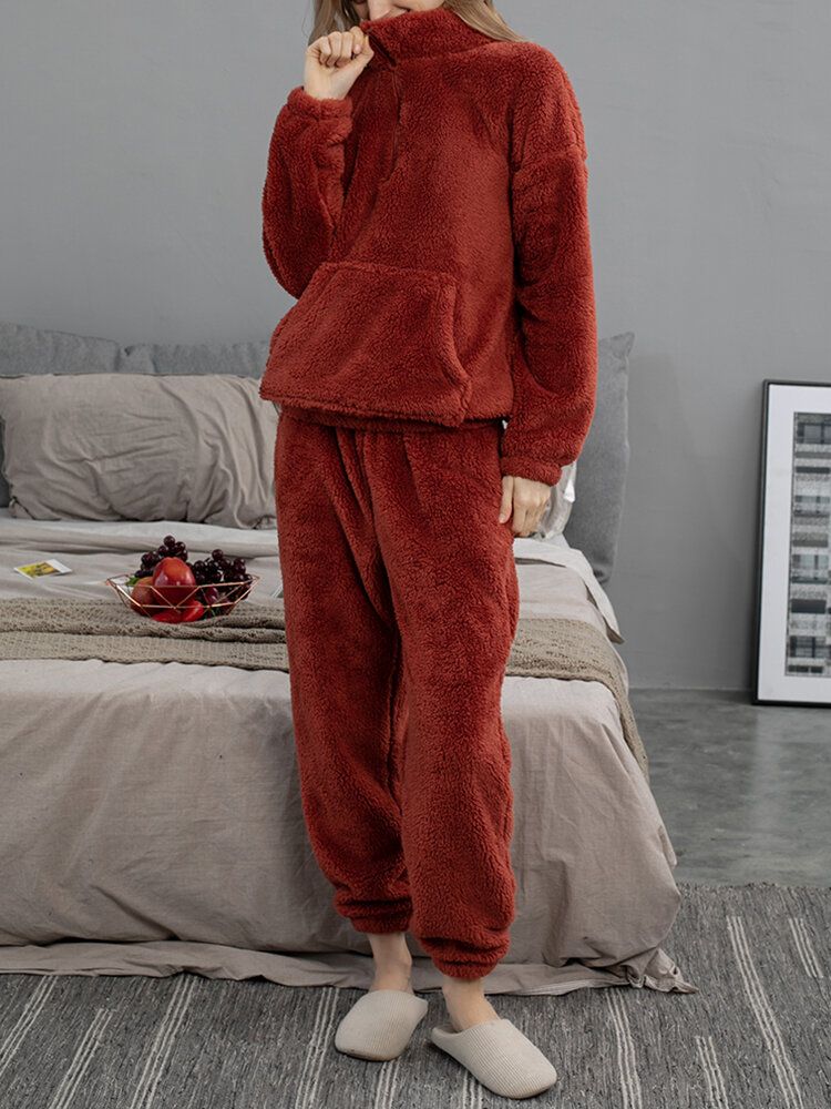 Dam Enfärgad Plysch Fluffig Kangaroo Pocket Pullover Joggerbyxor Hem Pyjamas Set