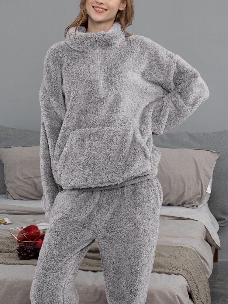 Dam Enfärgad Plysch Fluffig Kangaroo Pocket Pullover Joggerbyxor Hem Pyjamas Set