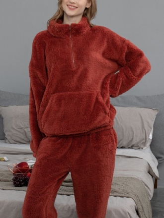 Dam Enfärgad Plysch Fluffig Kangaroo Pocket Pullover Joggerbyxor Hem Pyjamas Set