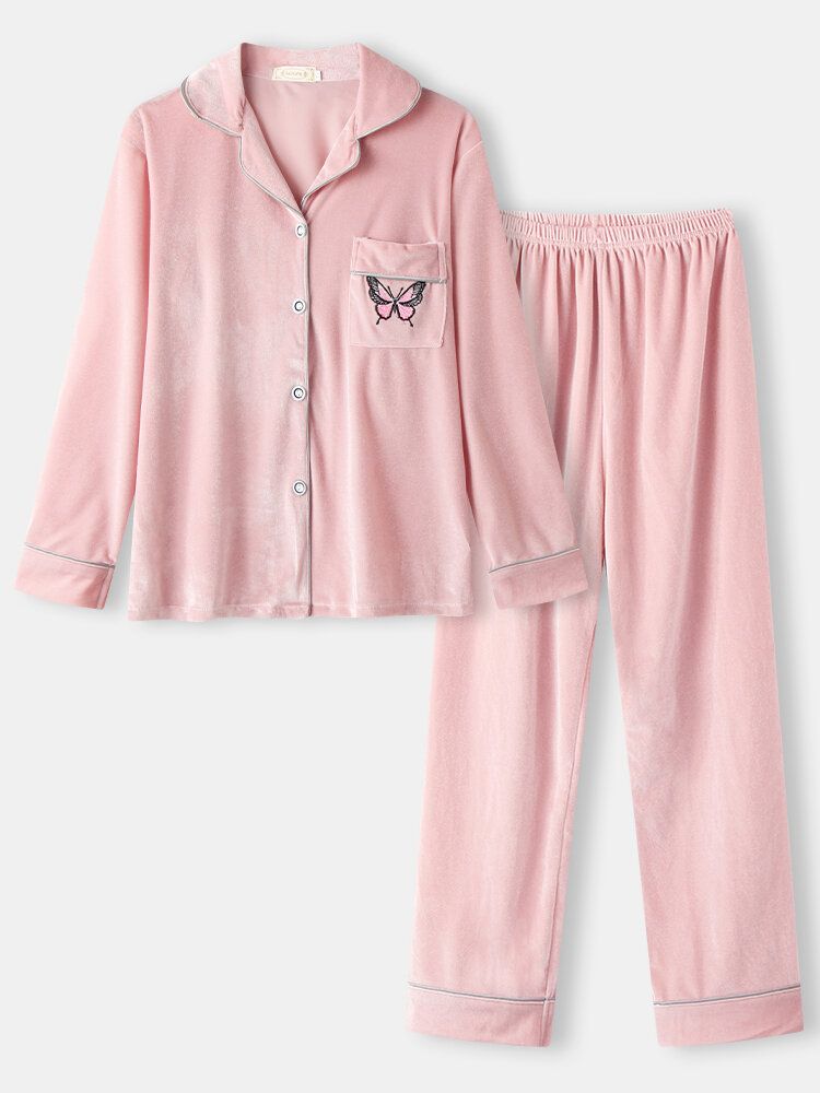 Dam Fjärilsbroderi Fickskjorta Sammet Resår Midja Byxa Hemma Pyjamas