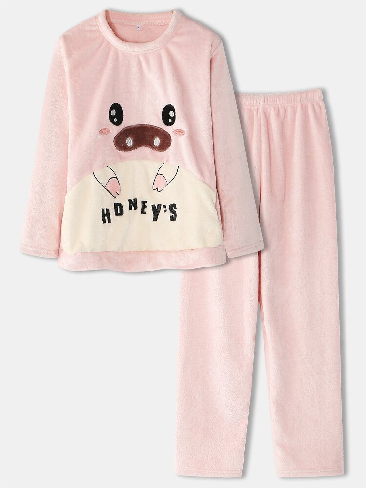 Dam Flanell Gris Grafik Långärmade Tröjor Elastiska Midja Byxor Tjocka Hem Pyjamas Set