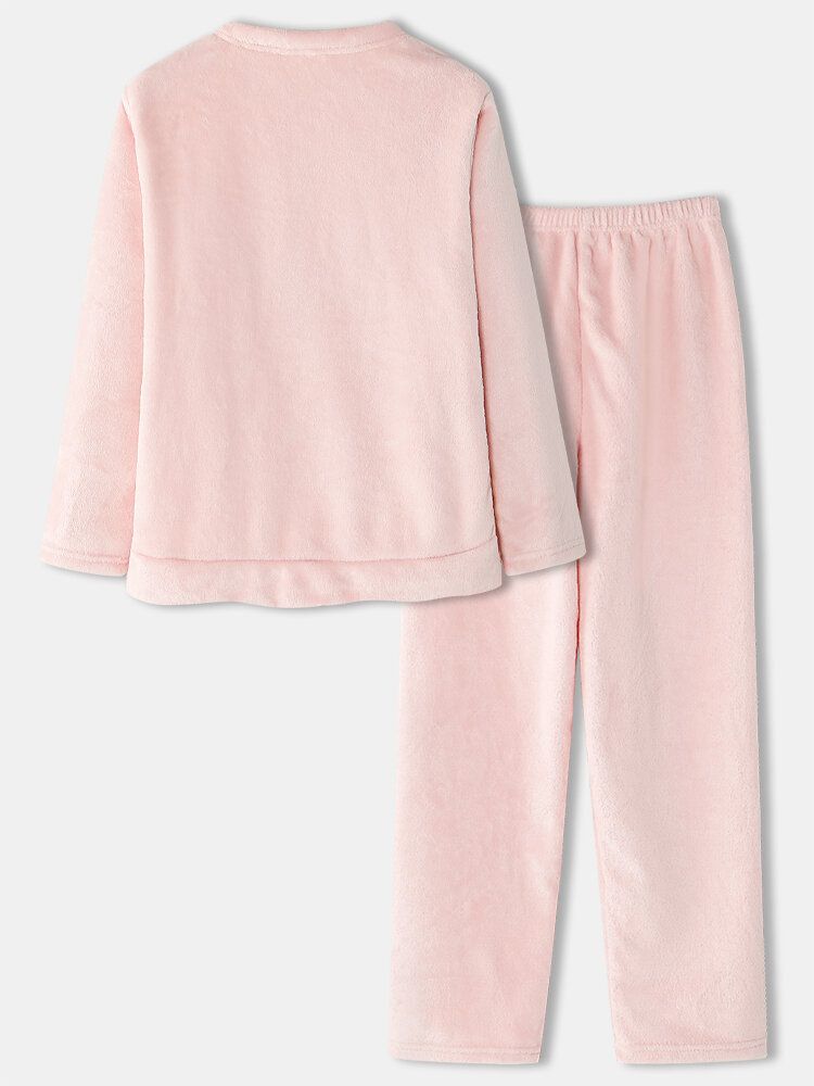 Dam Flanell Gris Grafik Långärmade Tröjor Elastiska Midja Byxor Tjocka Hem Pyjamas Set