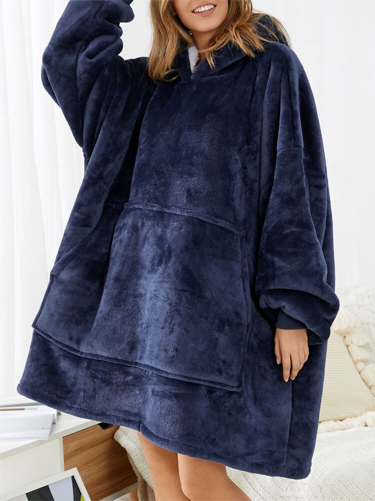 Dam Flanell Oversized Kangaroo Pocket Luvtröja Filt Luvtröja Hemma Varma Robes