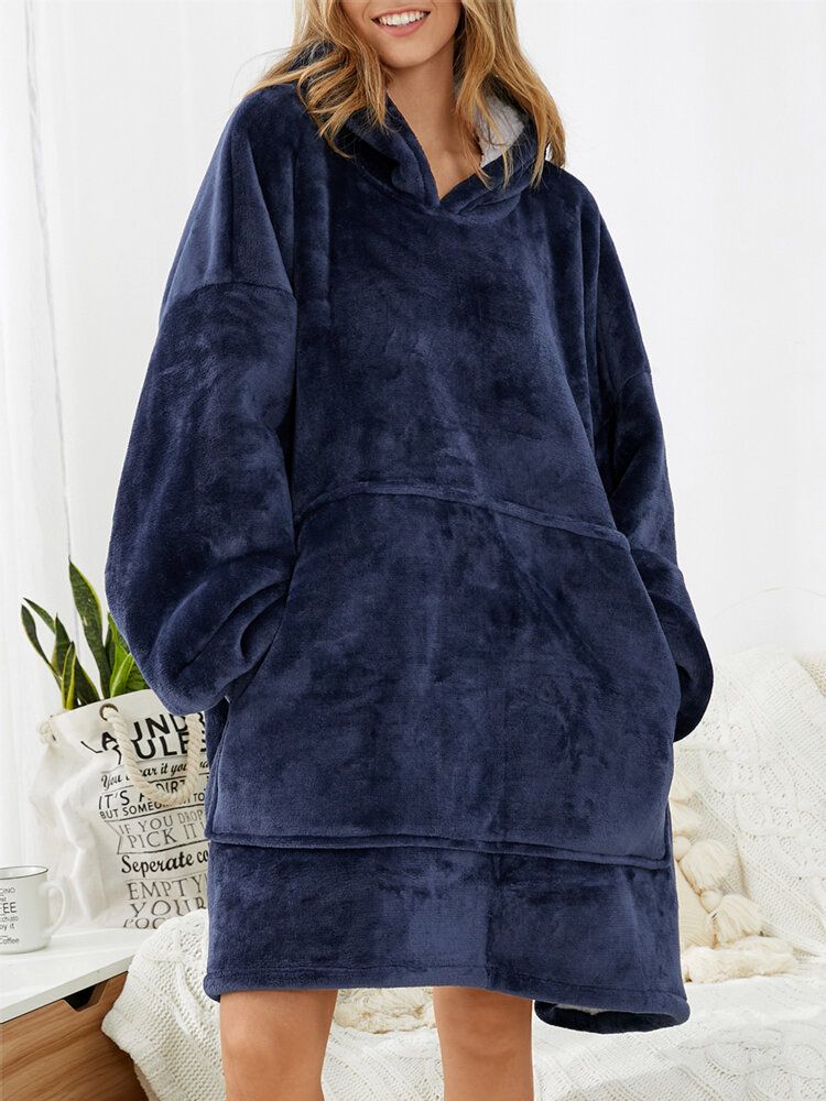 Dam Flanell Oversized Kangaroo Pocket Luvtröja Filt Luvtröja Hemma Varma Robes