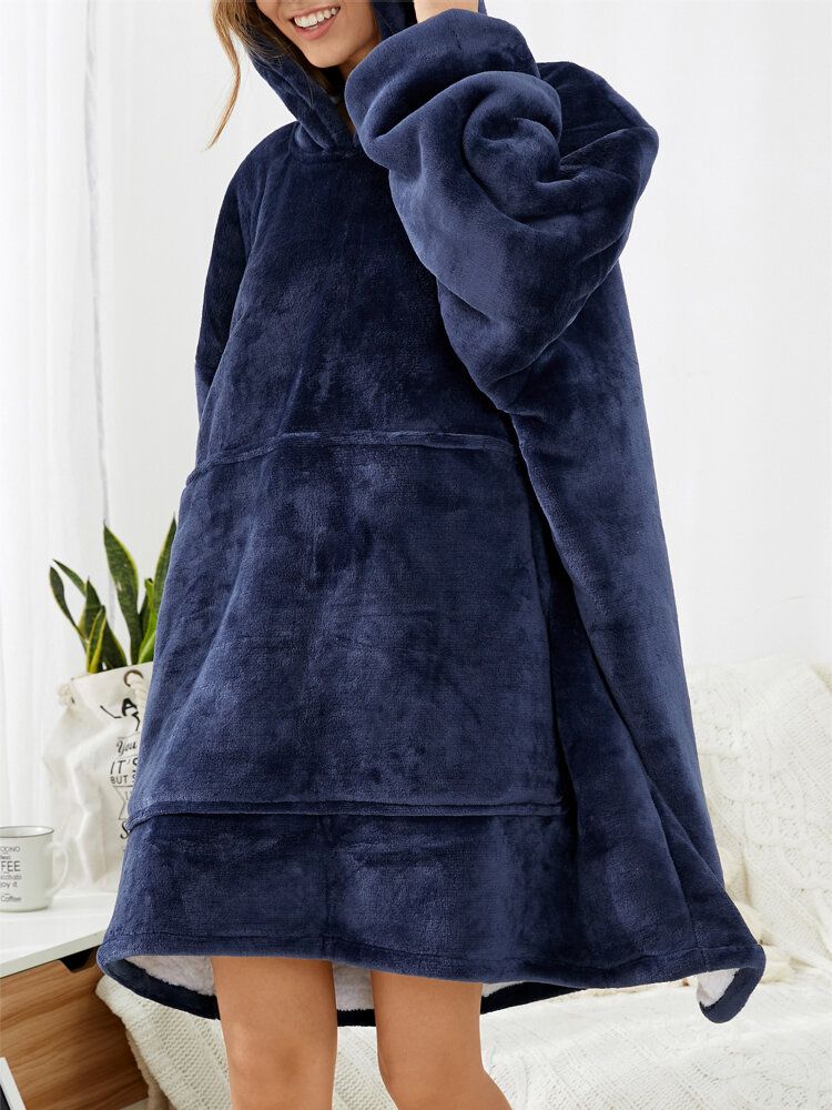 Dam Flanell Oversized Kangaroo Pocket Luvtröja Filt Luvtröja Hemma Varma Robes