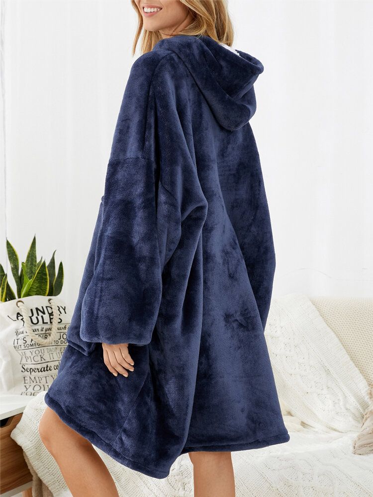 Dam Flanell Oversized Kangaroo Pocket Luvtröja Filt Luvtröja Hemma Varma Robes