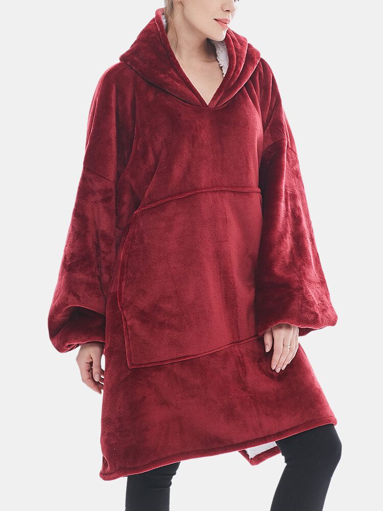 Dam Flanell Oversized Kangaroo Pocket Luvtröja Filt Luvtröja Hemma Varma Robes