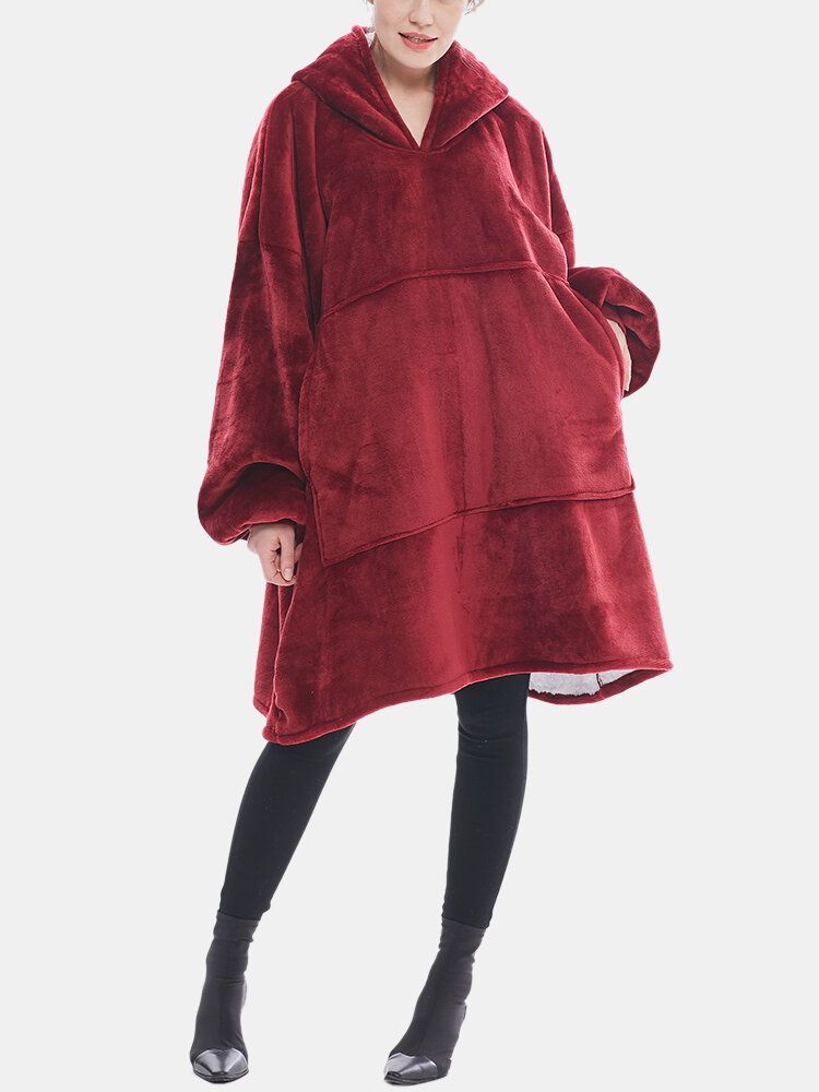 Dam Flanell Oversized Kangaroo Pocket Luvtröja Filt Luvtröja Hemma Varma Robes