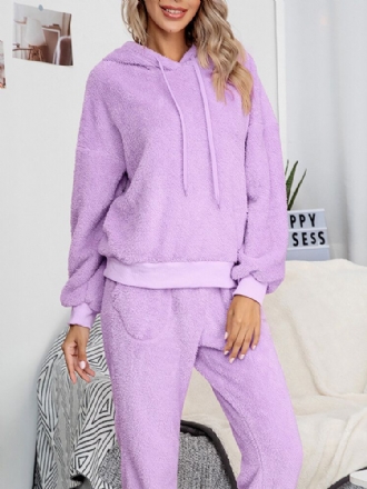 Dam Fleece Tjock Enfärgad Pullover Hoodie Joggerbyxor Hem Casual Pyjamas Set