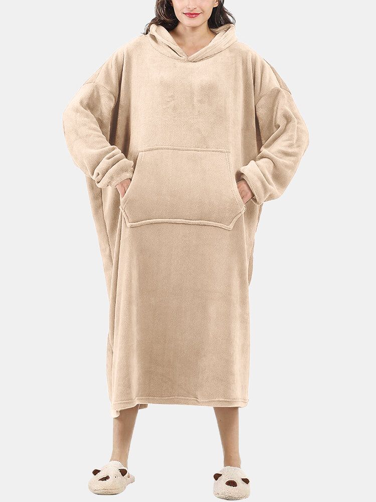 Dam Fluffy Flanell Warm Bärbar Filt Hemma Oversized Lång Luvtröja Med Känguruficka