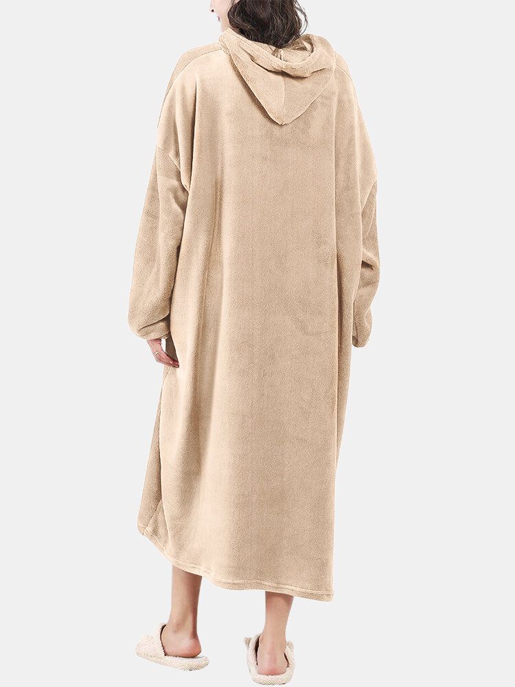 Dam Fluffy Flanell Warm Bärbar Filt Hemma Oversized Lång Luvtröja Med Känguruficka