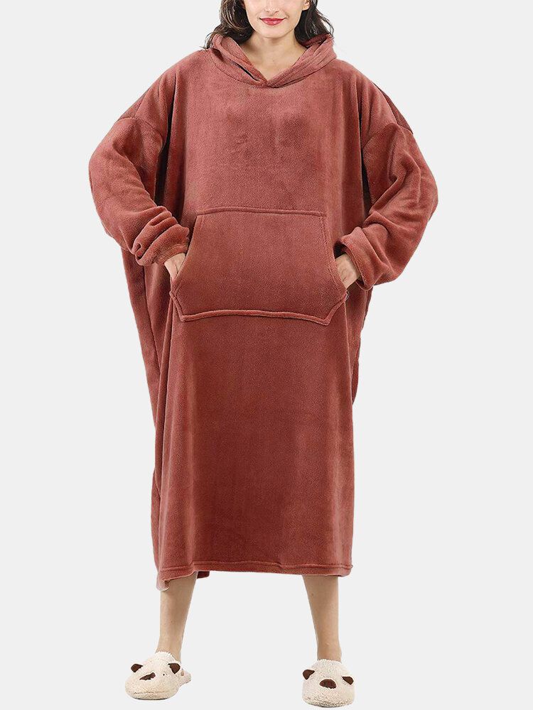 Dam Fluffy Flanell Warm Bärbar Filt Hemma Oversized Lång Luvtröja Med Känguruficka