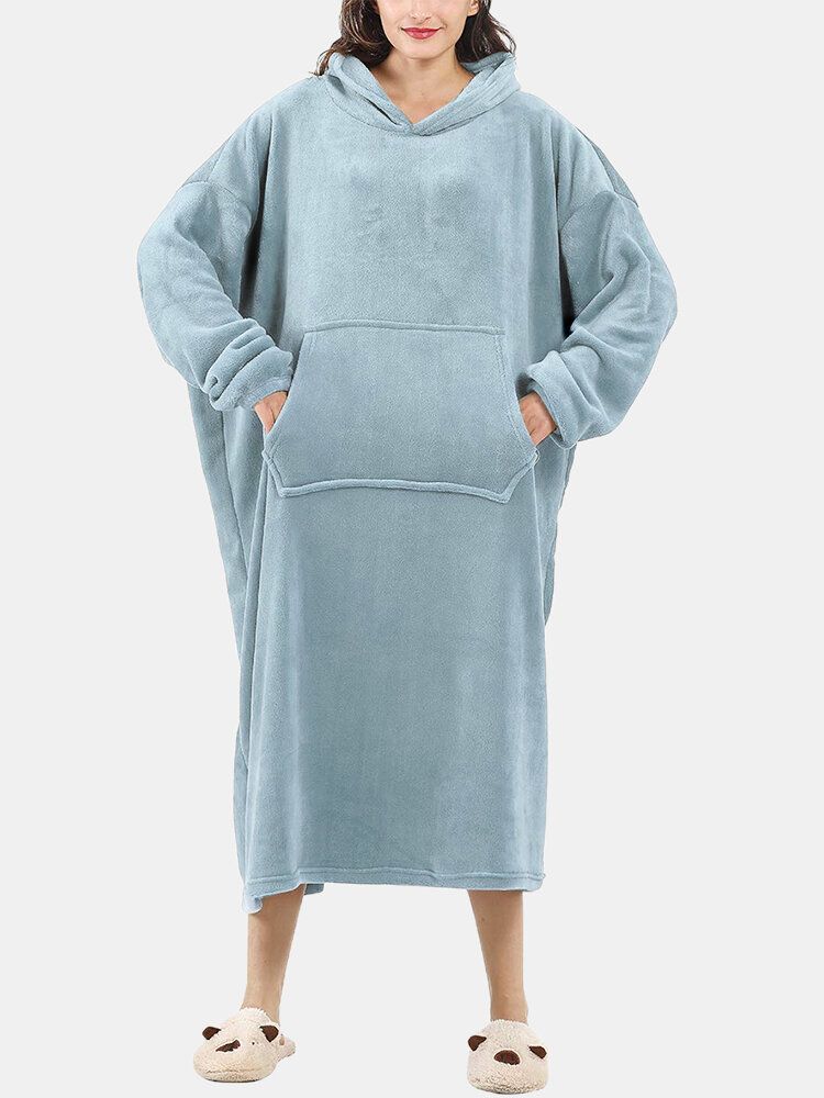 Dam Fluffy Flanell Warm Bärbar Filt Hemma Oversized Lång Luvtröja Med Känguruficka