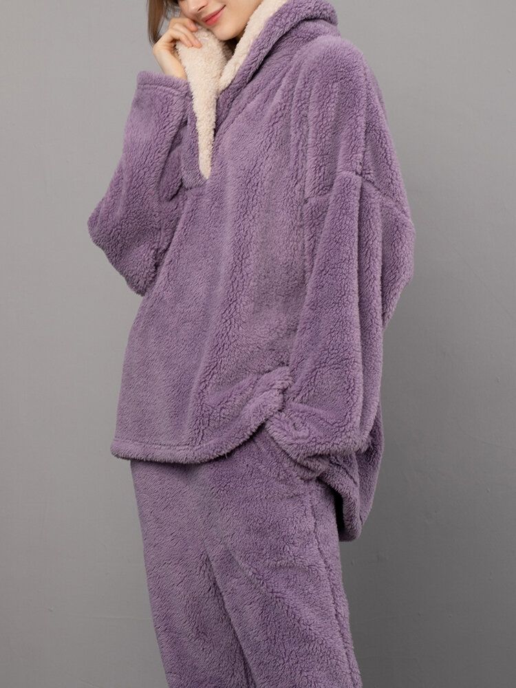 Dam Fluffy Plush Thicken Lapel High Low Fåll Loungewear Warm Pyjamas Set