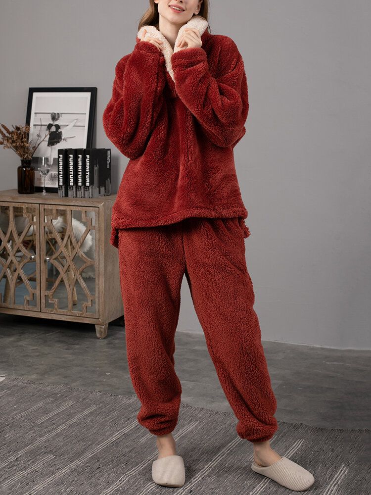 Dam Fluffy Plush Thicken Lapel High Low Fåll Loungewear Warm Pyjamas Set