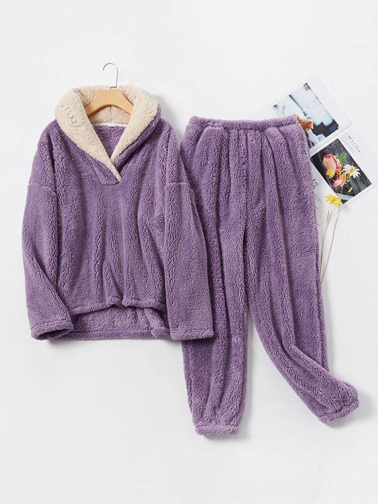 Dam Fluffy Plush Thicken Lapel High Low Fåll Loungewear Warm Pyjamas Set