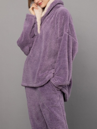 Dam Fluffy Plush Thicken Lapel High Low Fåll Loungewear Warm Pyjamas Set