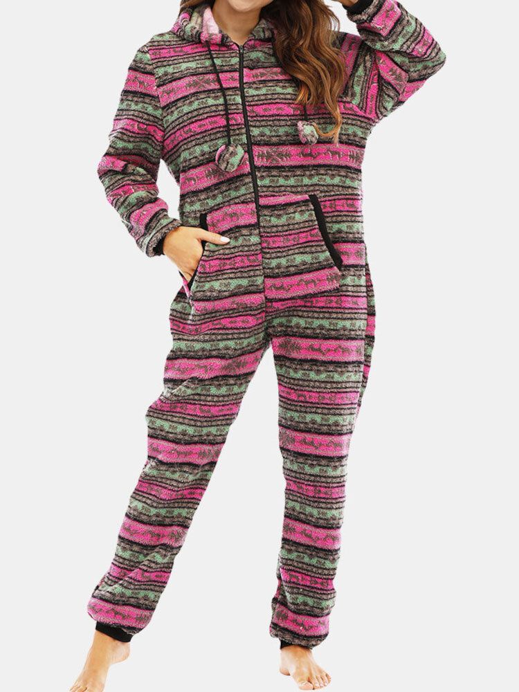 Dam Jul Fleece Randig Hem Dragsko Långärmad One Set Huvpyjamas