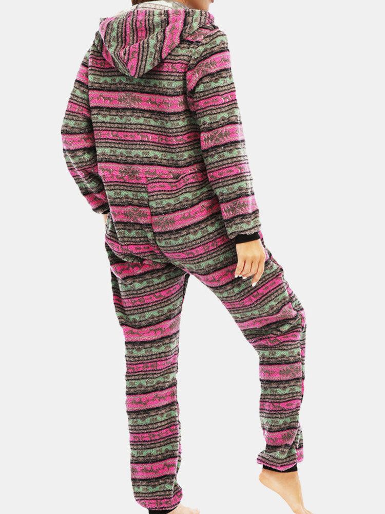 Dam Jul Fleece Randig Hem Dragsko Långärmad One Set Huvpyjamas