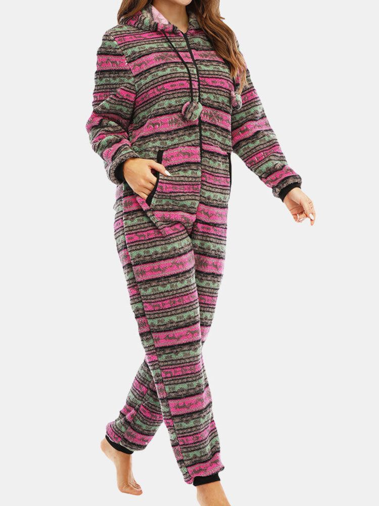 Dam Jul Fleece Randig Hem Dragsko Långärmad One Set Huvpyjamas