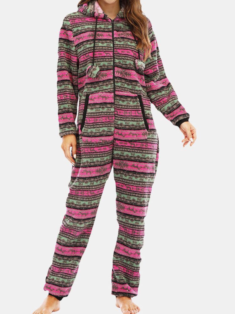 Dam Jul Fleece Randig Hem Dragsko Långärmad One Set Huvpyjamas