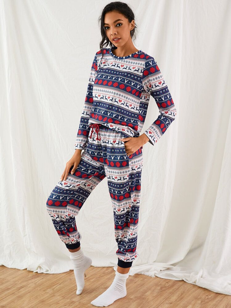 Dam Jul Tecknad Vintage Print Långärmad Pullover Dragsko Joggerbyxor Hem Pyjamas Set