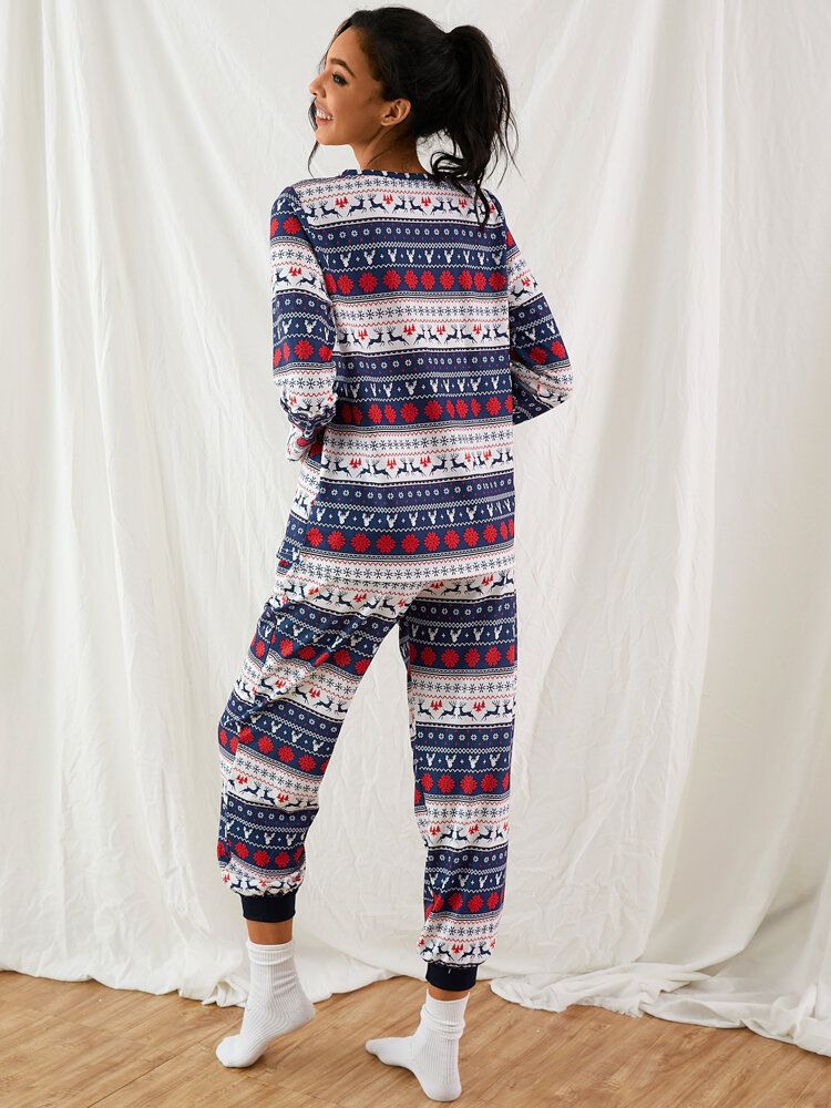 Dam Jul Tecknad Vintage Print Långärmad Pullover Dragsko Joggerbyxor Hem Pyjamas Set