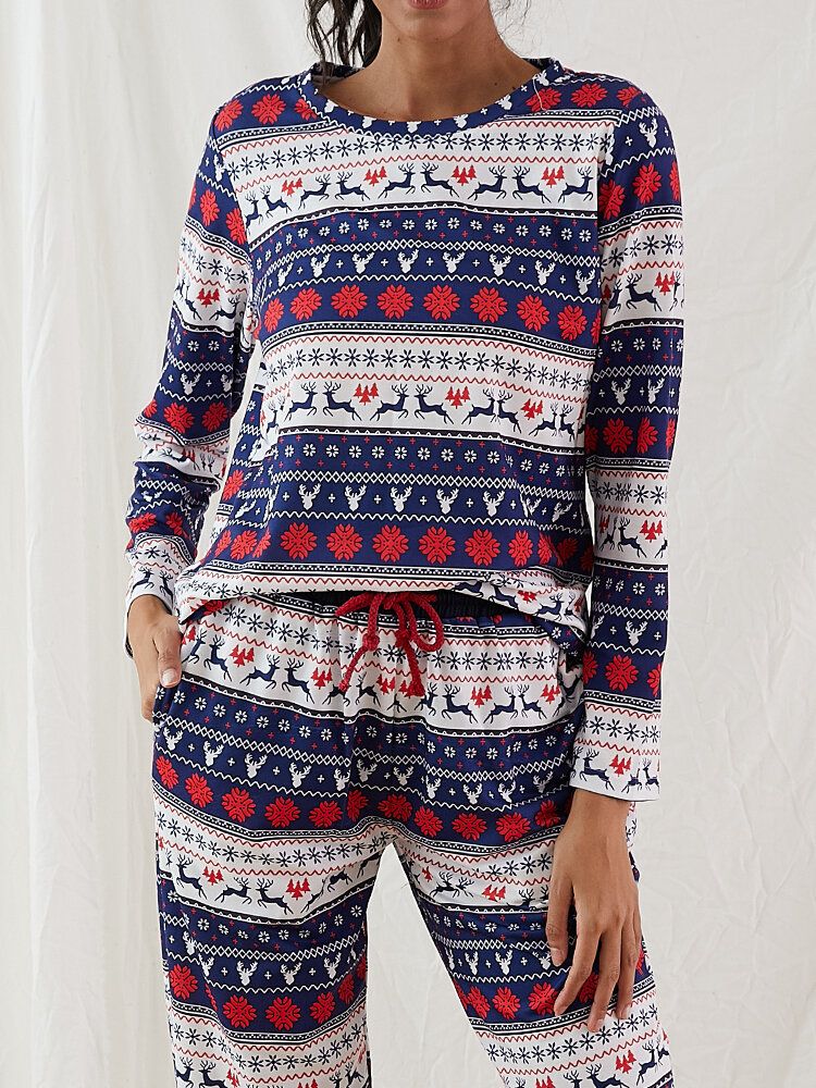 Dam Jul Tecknad Vintage Print Långärmad Pullover Dragsko Joggerbyxor Hem Pyjamas Set