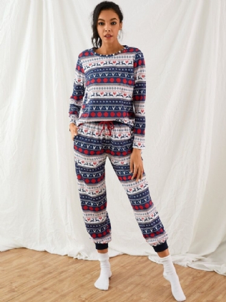 Dam Jul Tecknad Vintage Print Långärmad Pullover Dragsko Joggerbyxor Hem Pyjamas Set